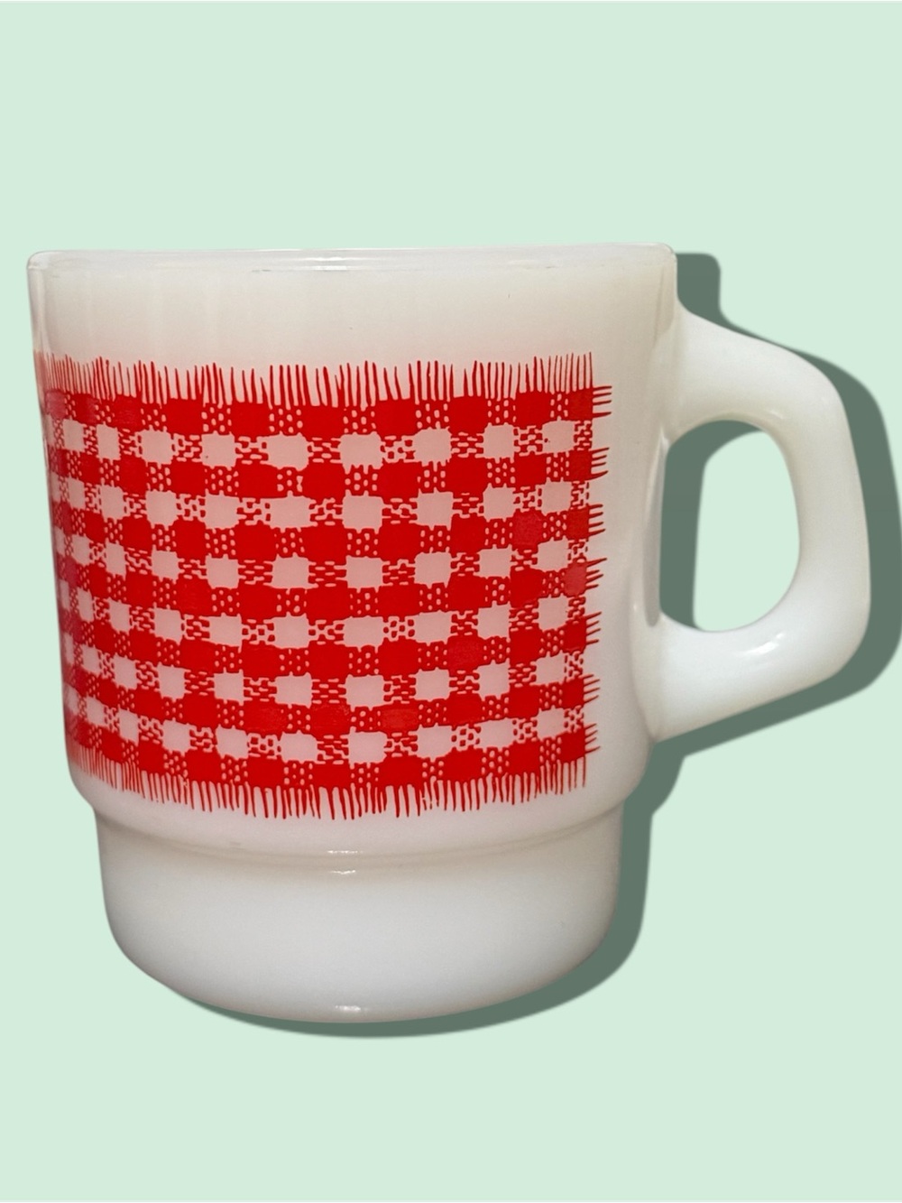 Vintage Fire King Milk Glass Stacking Mug Red Gingham Checkered Anchor Hocking
